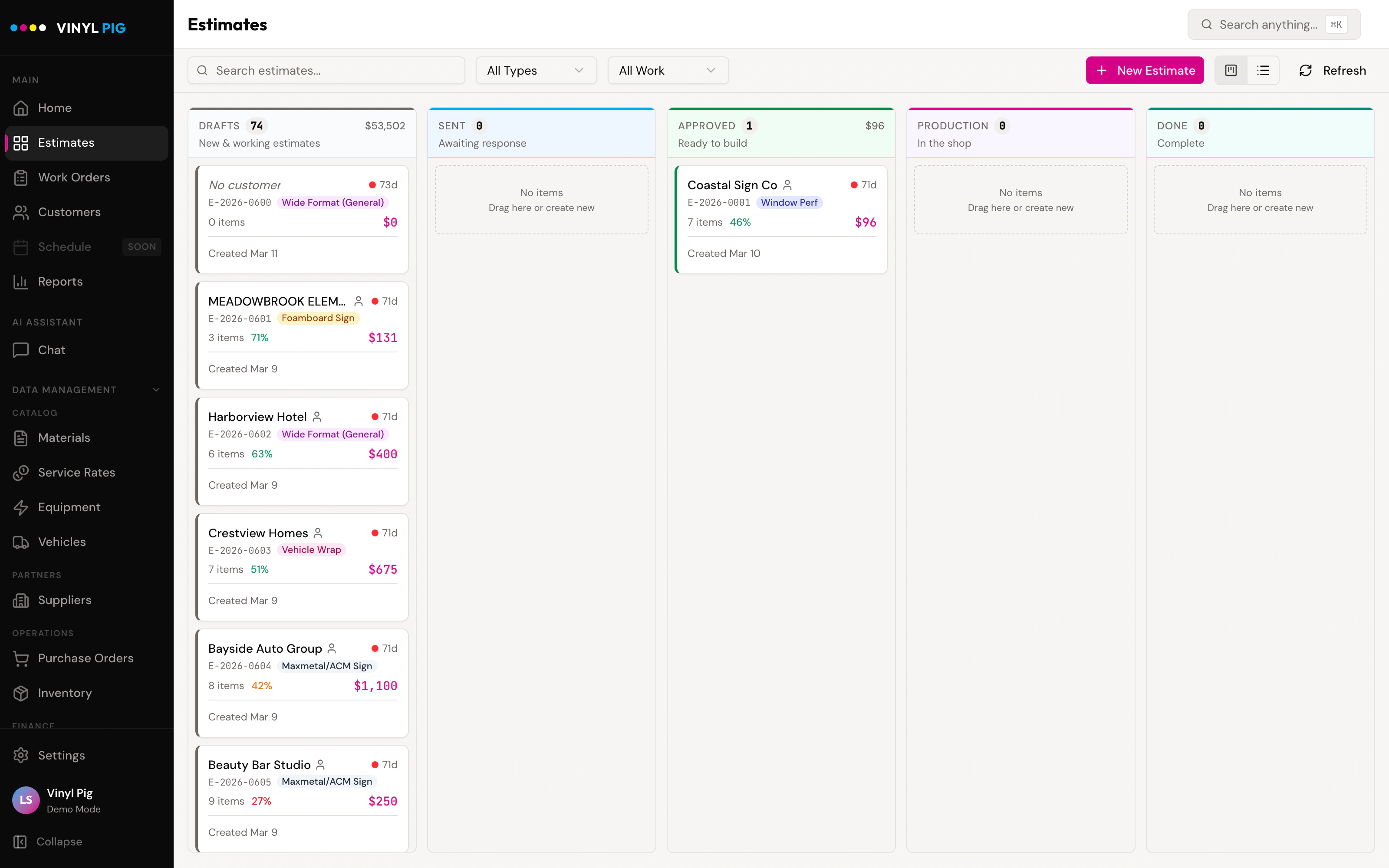 Estimate pipeline board with draft, sent, approved, production, and done columns