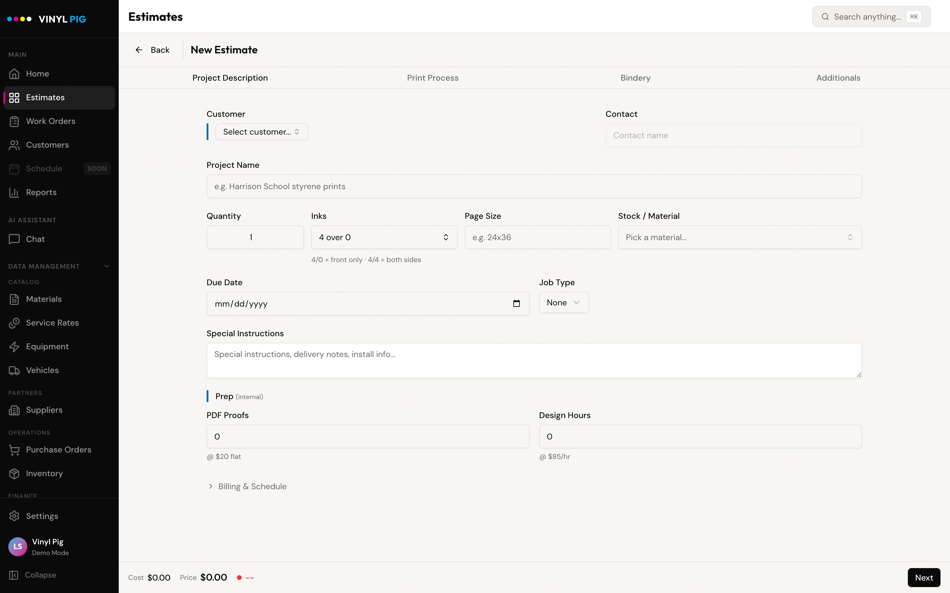 New estimate form with customer, materials, quantities, and live cost calculation